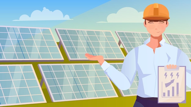Vetor fazenda solar com caráter de trabalhador indicando fileiras de painéis solares instalados na ilustração de campo