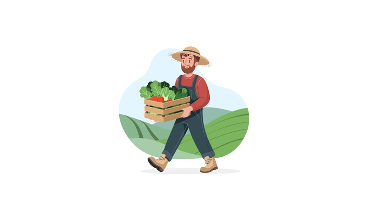 Vetor fazendeiro caminhando enquanto carrega uma caixa de legumes