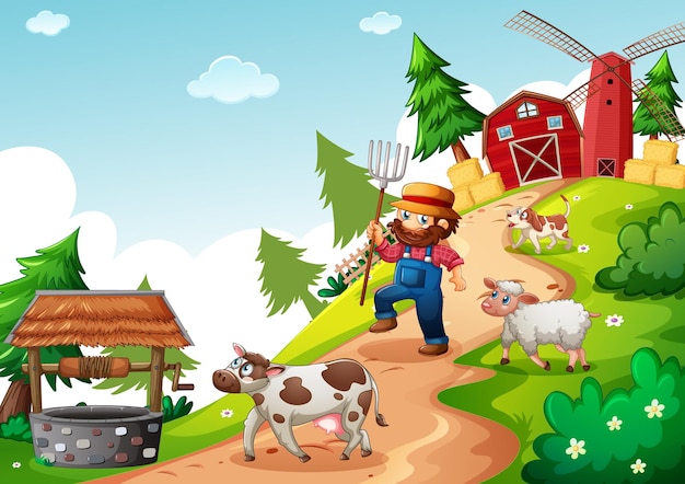 Vetor fazendeiro com fazenda de animais em cena de fazenda em estilo cartoon