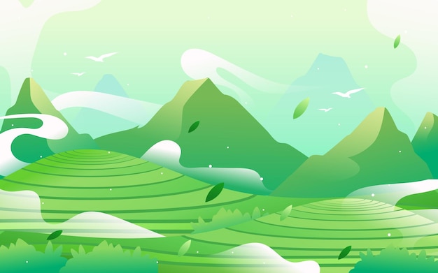 Fazendeiro de chá trabalhando no jardim de chá na primavera, paisagem de jardim de chá em segundo plano, ilustração vetorial