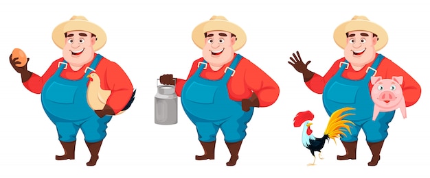 Fazendeiro gordo, agrônomo, conjunto de três poses personagem