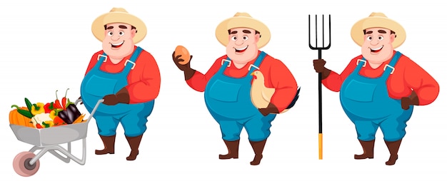 Fazendeiro gordo, engenheiro agrônomo, conjunto de três poses
