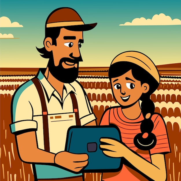 Fazendeiro pai e filha colheita desenhado à mão plano elegante adesivo de desenho animado conceito de ícone isolado