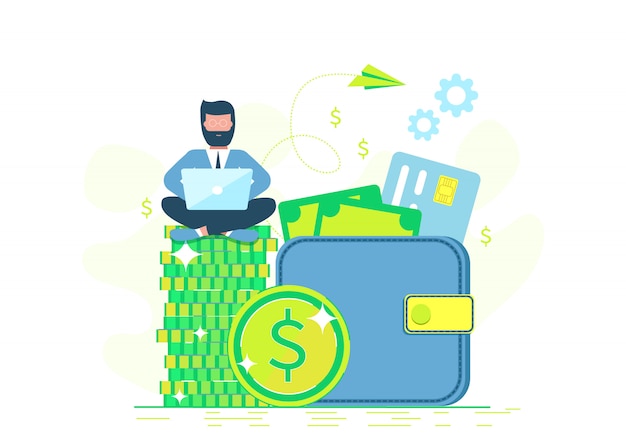 Fazendo dinheiro. . Trabalho remoto e freelancer, trabalhe remotamente. Pessoas de negócio. Homem com laptop sentado na carteira.