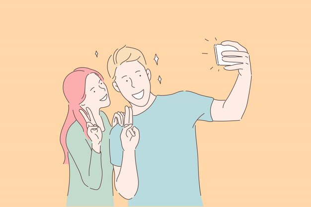 Fazendo selfie sorrindo casal vitória gesto conceito