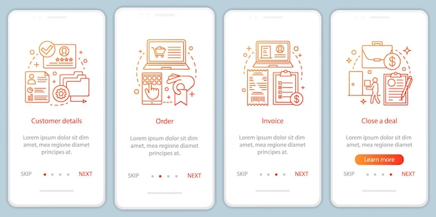 Fazendo vendas onboarding modelo de vetor de tela de página de aplicativo móvel. Detalhes do cliente, pedido, fatura, passo a passo do site do negócio com ilustrações lineares. Comércio eletrônico. UX, UI, interface de smartphone GUI