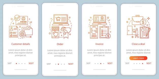 Fazendo vendas onboarding modelo de vetor de tela de página de aplicativo móvel. detalhes do cliente, pedido, fatura, passo a passo do site do negócio com ilustrações lineares. comércio eletrônico. ux, ui, interface de smartphone gui