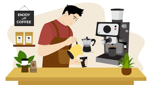 Fazer café quente O barista despeja café no copo