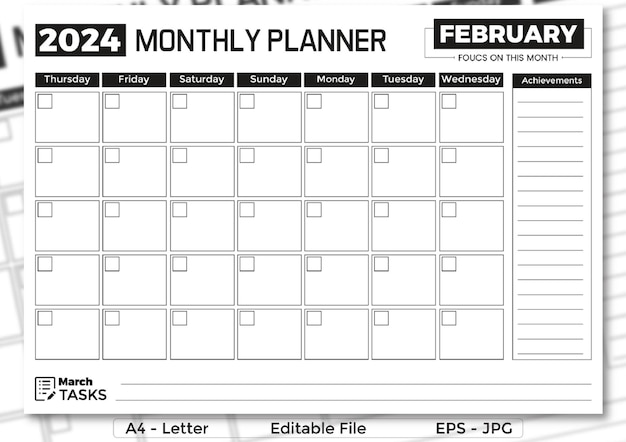Febreiro 2024 planejador mensal modelo minimalista em formato a4