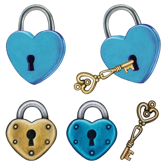 Fechaduras e chaves em forma de coração desenhadas à mão em aquarela