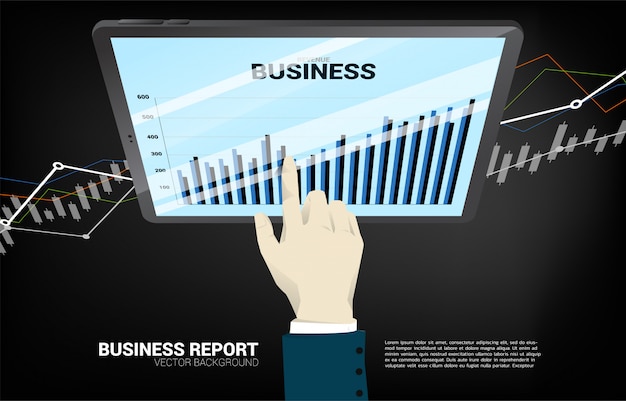Vetor feche acima do relatório do gráfico de negócio do toque da mão do homem de negócios na tabuleta.