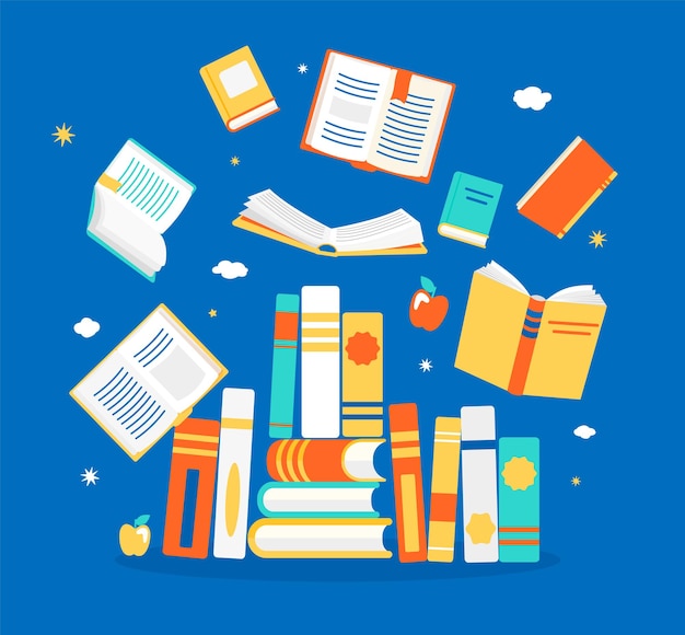 Feche e abra livros em posições diferentes. Conhecimento, aprendizagem, educação, relaxe e aproveite o projeto de conceito. Ilustração vetorial em estilo simples.