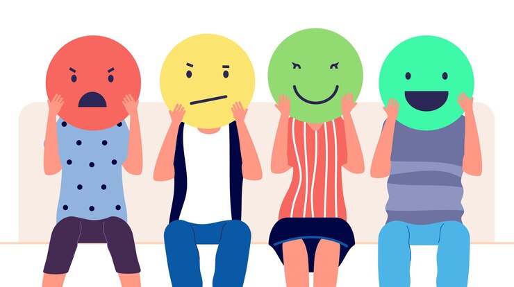 Vetor feedback do cliente. pessoas segurando emoticons com emoções diferentes. revisão de clientes, conceito de vetor de marketing de comentário de mídia social. ilustração, feedback e avaliação do cliente, avaliação social positiva