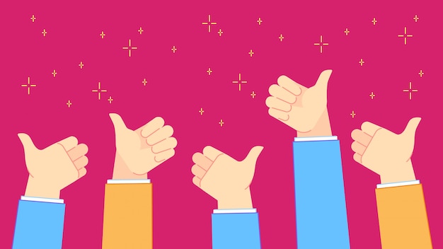 Feedback positivo. Pessoas bem sucedidas do escritório com polegares para cima gestos, trabalho em equipe e ilustração de parabéns positivo