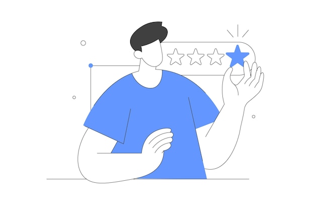 Feedback Revisão Personagem que dá feedback positivo 5 estrelas Escala de classificação Vector de satisfação do cliente