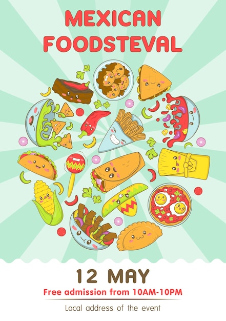 Feira de fast food mexicana e modelo fisteval com comida kawaii em estilo doodle de desenho animado