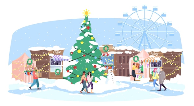 Feira de Natal ilustração vetorial plana Feira de diversões do mercado de rua de Natal Pessoas dos desenhos animados andam no parque de diversões de inverno com barracas de mercado de férias Árvore de Natal e roda gigante Design de cartão de saudação de ano novo
