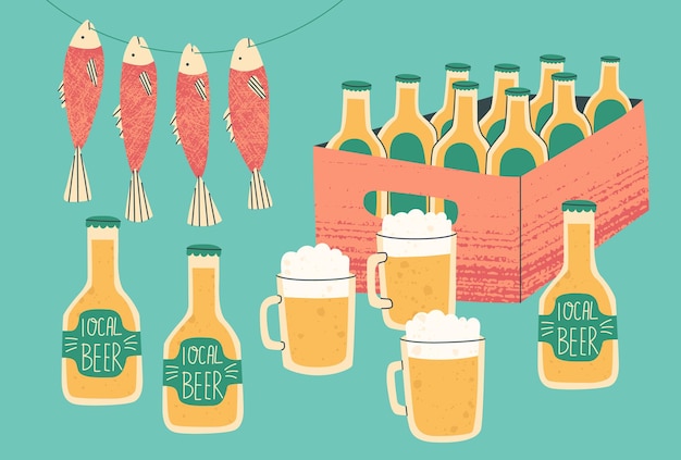 Feira de produtos locais cerveja local ou artesanal garrafas de cerveja em caixa e canecas para degustação elementos isolados vetoriais com texturas