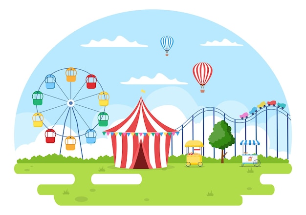 Feira de verão com carnaval, circo, parque de diversões ou parque de diversões. paisagem de carrosséis, montanha-russa, balão de ar e ilustração vetorial de parque infantil