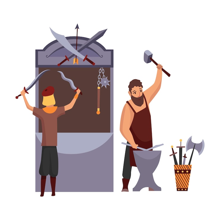 Vetor feira medieval dos desenhos animados. idade média ou mercado de feiras de contos de fadas com personagens fantasiados. venda vários produtos de luta