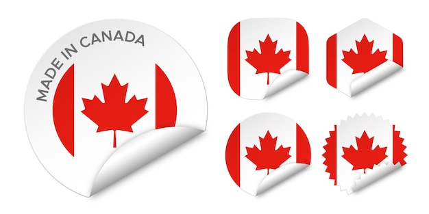 Feito no canadá, etiqueta de etiqueta de bandeira do canadá, logotipo de crachá, maquete de ilustração vetorial 3d isolada em branco