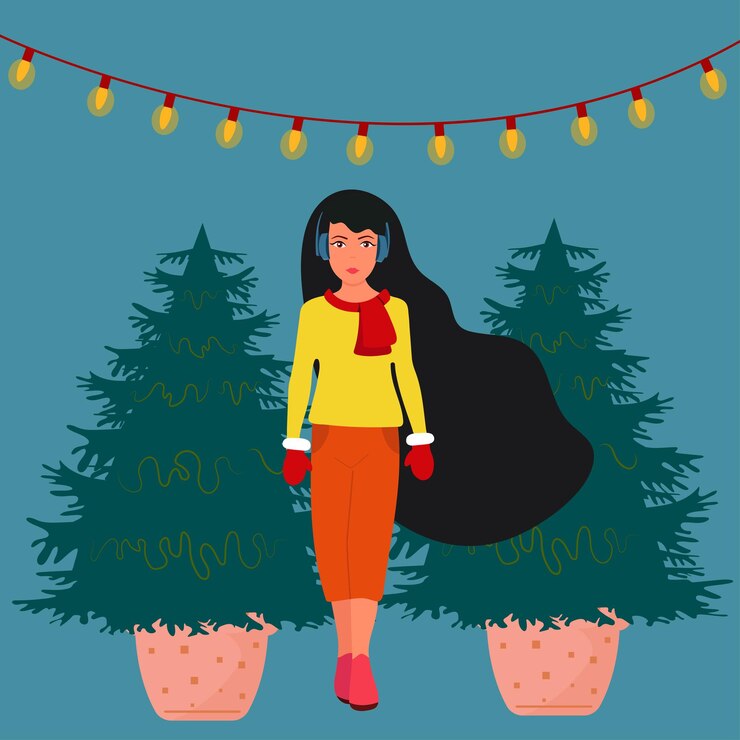 Vetor felicidade de natal da mulher presentes de árvore de natal ilustração vetorial