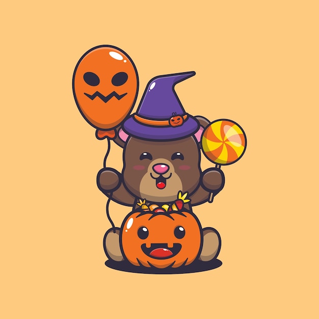 Felicidade do urso fofo no dia do dia das bruxas ilustração dos desenhos animados fofos do halloween