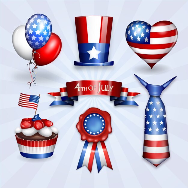 Feliz 4 de julho o dia da independência do americano seven design element overlay stickers