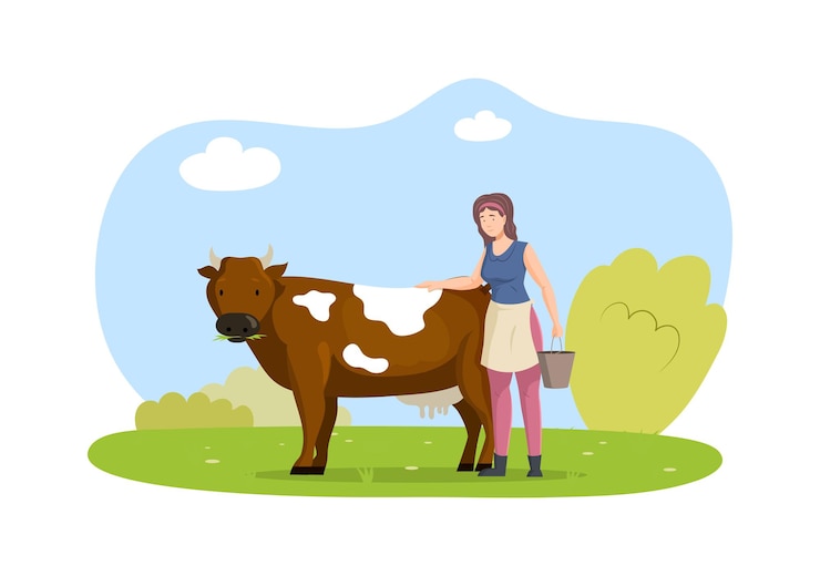 Vetor feliz agricultora com vaca mulher trabalhadora agrícola leiteira com balde de leite acaricia uma vaca