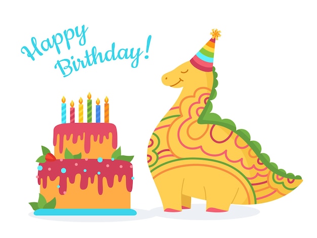 Feliz aniversário cartão de bolo dino de festa de aniversário réptil fofo personagem infantil vetor de convite de desenho animado