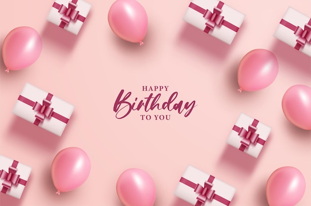 Feliz aniversário com balões e caixa de presente em fundo rosa