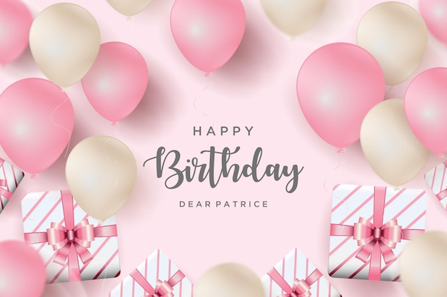 Feliz aniversário com balões espalhados e caixas de presente