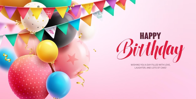 Feliz aniversário conjunto de texto vector design decoração de aniversário com balões coloridos e flâmulas