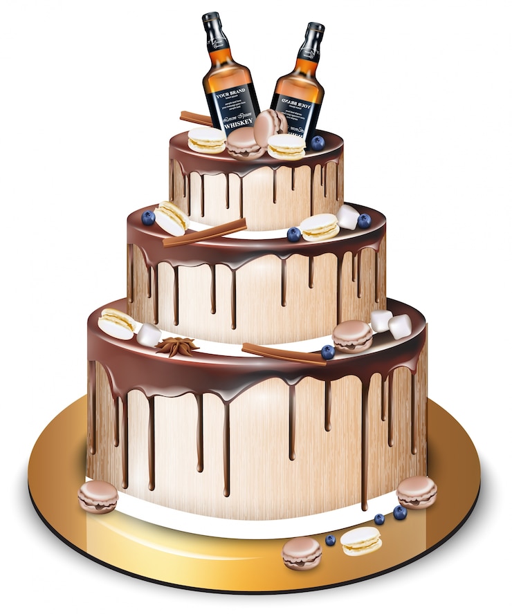 Vetor feliz aniversário delicioso bolo e garrafas de uísque