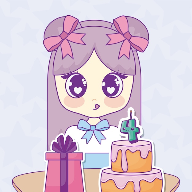 Vetor feliz aniversário design com anime girl kawaii