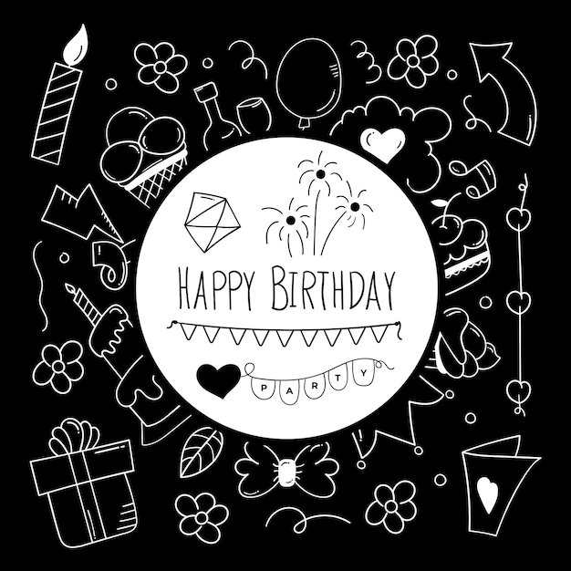 Vetor feliz aniversário doodle fundo em preto
