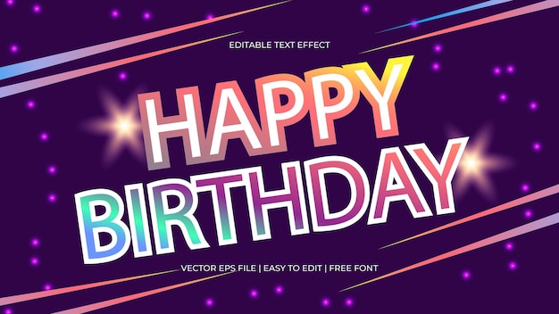 Feliz aniversário efeito de texto editável roxo brilhante