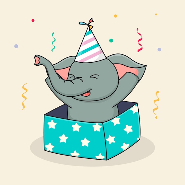 Feliz aniversário elefante dentro de caixa