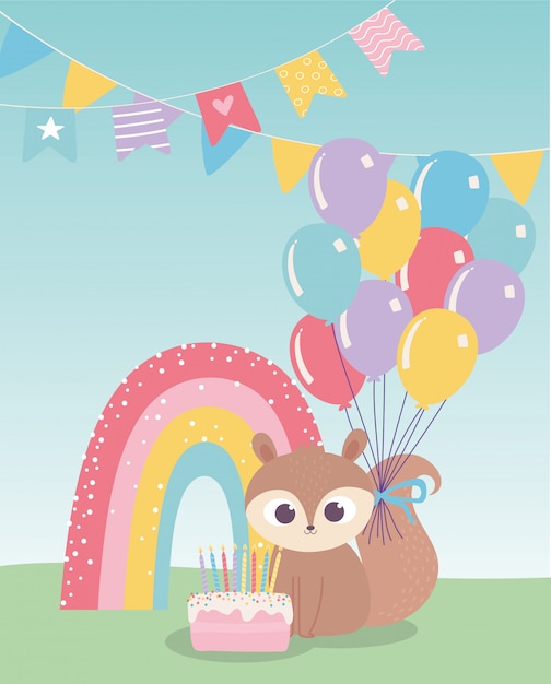 Feliz aniversário, esquilo bonito com bolo balões arco-íris celebração decoração dos desenhos animados