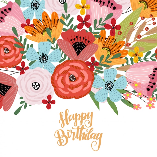 Feliz aniversário. modelo de cartão postal com giro mão desenhando buquê brilhante de flores