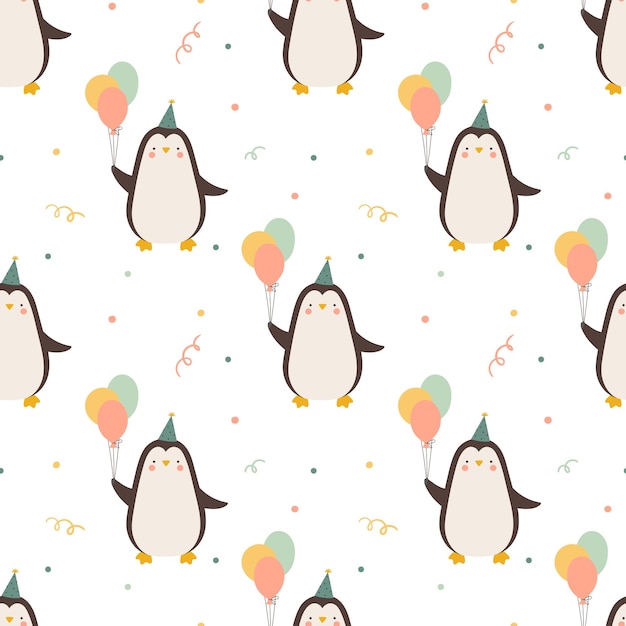 Feliz aniversário padrão sem costura com pinguins bonitos e balão