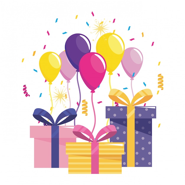 Feliz aniversário presentes e balões