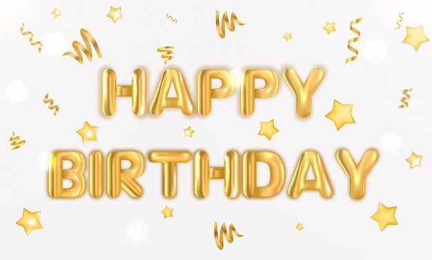 Feliz aniversário texto cartão realista. Aniversário cartão presente presente postal. Balões comemorar banner de confete.