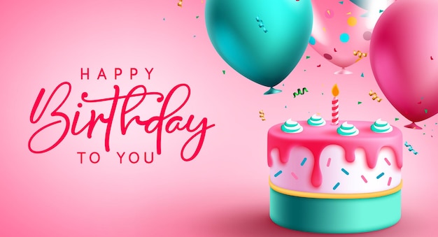 Feliz aniversário vector design de fundo. texto de aniversário no espaço rosa para mensagem com bolo de festa