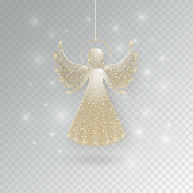 Feliz anjo de vidro dourado de natal com brilhos em um fundo transparente. anjo festivo com brilhos e flashes, luz brilhante.