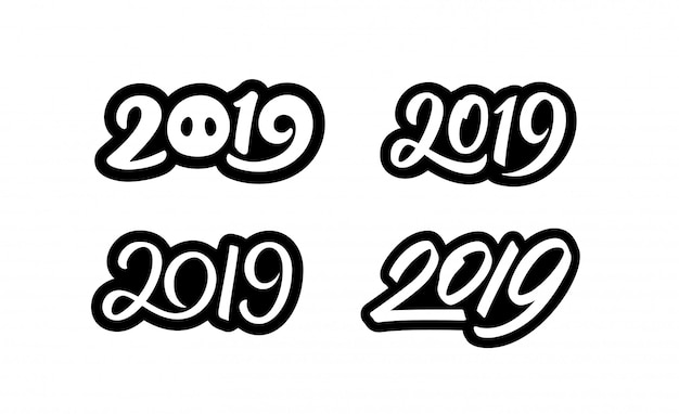 Feliz ano novo 2019 adesivos conjunto com números de caligrafia