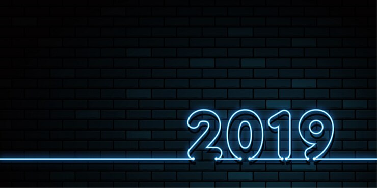 Vetor feliz ano novo 2019. cartão de cumprimentos. brilho de néon colorido no escuro.