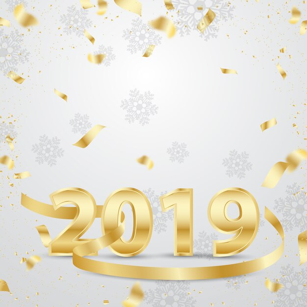 Feliz ano novo 2019 design dourado 3d com fita