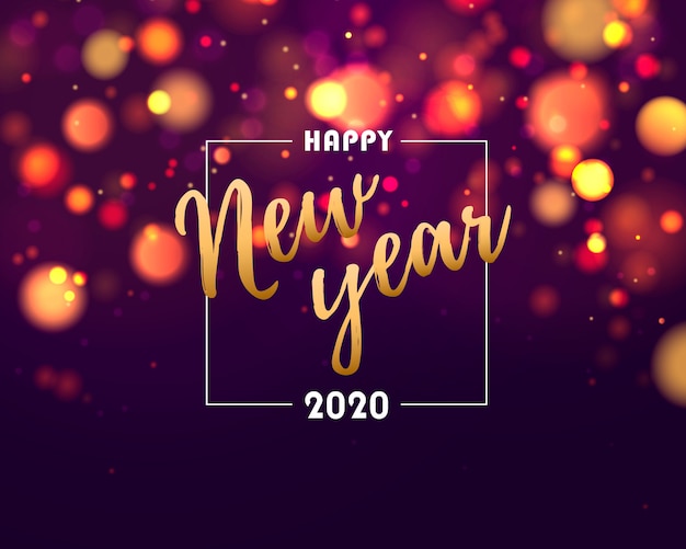 Feliz ano novo 2020. festivas luzes roxas, azuis, douradas.