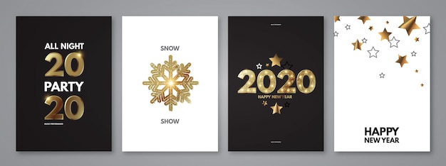 Vetor feliz ano novo 2020 - um conjunto de modelos de cartazes elegantes com confete dourado e número de ano brilhante.